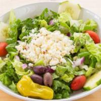Small Greek Salad · Romaine, tomatoes, cucumbers, onions, green peppers, kalamatas, pepperoncini, feta, oil & vi...