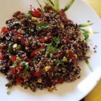 Quinoa and Beans · Organic tri colored quinoa served with your choice of organic navy or black beans.