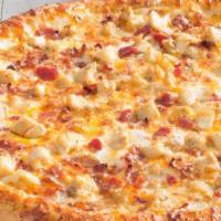 Chicken Bacon Ranch · Classic crust with chicken cutlet in ranch sauce mozzerella cheese and topped with bacon bits.