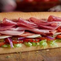 Italian Hero · Ham, Salami, Mozzarella cheese on an Italian hero with mayonnaise lettuce, tomato, onion and...