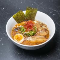 Tonkotsu Ramen · Pork broth with chashu pork, egg, green onion, kikurage mushroom, bamboo shoots, ginger, dri...
