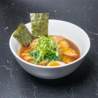 Koji Chicken Ramen · Chicken and shoyu broth with roasted chicken breast, egg, green onion, bamboo shoots, spinac...
