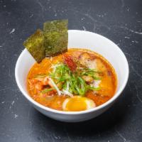 Spicy Kimchi Miso Ramen · Medium spicy. Pork, miso paste and spicy chili paste broth with chashu pork, egg, kimchi, gr...