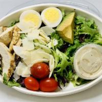 GRILLED CHICKEN CAESAR SALAD · Grilled Chicken , Romaine , Mix Green , Avocado , Cherry Tomato , Parmesan Cheese .

Contain...
