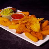 Sampler Plate  · 4PC Wings, 3PC Tenders, 6PC Mozzarella Sticks,
Guacamole & Chips