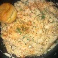 Nola Style Pasta · Shrimp and crawdaddies in a spicy seafood cream sauce. Served with garlic roll.