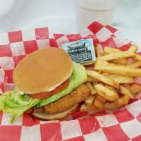 Fried Fish Filet Sandwich Combo · Served with fries and a drink.