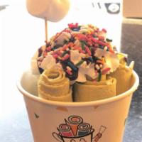 3. Green Forest Rolled Ice Cream · Base: Green tea flavor ice cream base. Topping: whipping cream, Regular marshmallow, Rainbow...