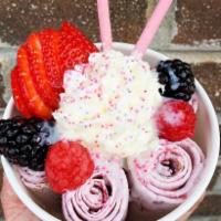 7. Supreme Berry Rolled Ice Cream · Base: Vanilla ice cream, Fresh Blackberry, Raspberry and Strawberry. Topping: Fresh Blackber...