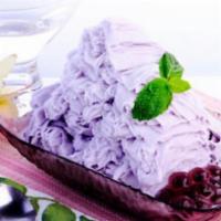 Purple Dream Snow Ice · Taro flavor shaved snow, condensed milk, green bean and mochi.