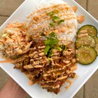 Shoyu Rice Plate Special · Juicy shoyu chicken served with rice, sesame cabbage slaw, pickled cucumbers, and topped wit...