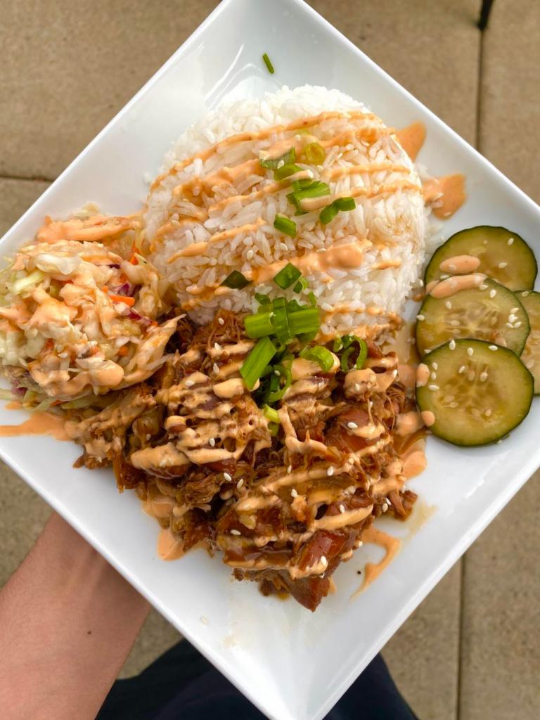 Shoyu Rice Plate Special · Juicy shoyu chicken served with rice, sesame cabbage slaw, pickled cucumbers, and topped with spicy mayo and teriyaki sauce.