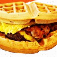 Big Daddy Waffle Burger · Feeds 2 or more, 2 Waffles, 2 Eggs, 1LB Burger, Cheese, Bacon & Syrup