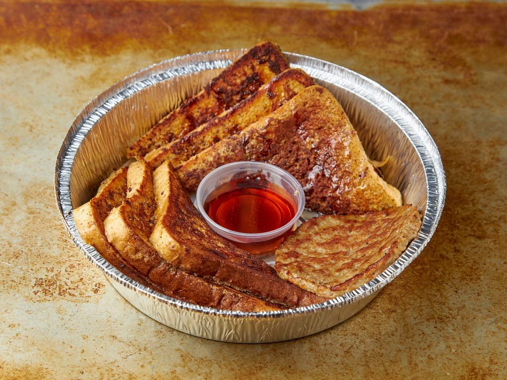 French Toast Breakfast Platter · Served with bacon or sausage, eggs and cheese.