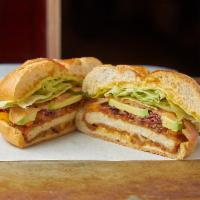 S2. How Do You Do No. 1 · Chicken cutlet, crispy bacon, melted cheddar, avocado, honey mustard, lettuce and tomato.