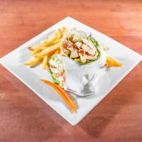  Chicken Caesar Wrap · Grilled chicken, romaine lettuce, tomatoes, Parmesan cheese, Caesar dressing and fries.