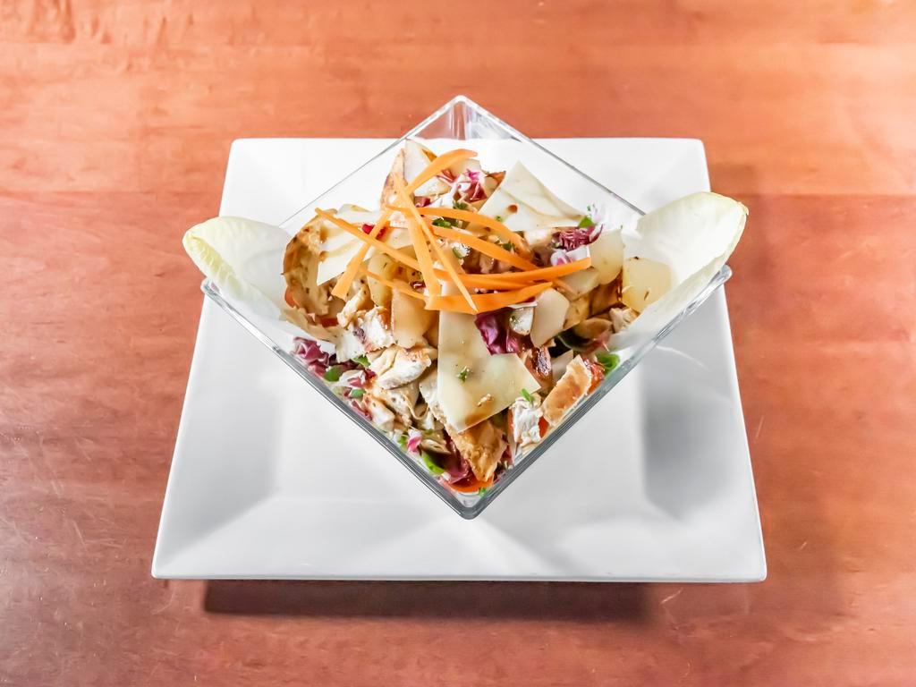 Pear Endive Salad  · Grilled chicken, endive, radicchio, arugula, sun-dried lettuces, roasted pear, blue cheese, shaved Parmesan cheese, chopped pecans, tomatoes and tossed in a low-cal vinaigrette.
