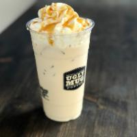 Iced Sea Salt Latte · Classic iced latte with organic caramel sauce and topped with caramel sea salt mix.