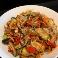 Japchae Bowl · Stir-fried glass noodles and assorted vegetables. Vegan. Can be made gluten free.