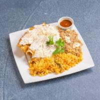 Enchiladas · Choice of meat with arteaga’s enchilada sauce and cheese. Served with rice, beans, pico de g...