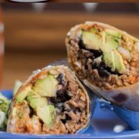 Burrito · Big flour tortilla stuffed with cheese, rice, beans, lettuce, tomato, mayonnaise and avocado...