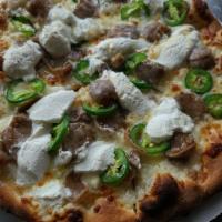 Jalapeno and Sausage Pizza · Touch of garlic, cheddar, provolone and mozzarella cheese, Italian sweet sausage, jalapeno p...