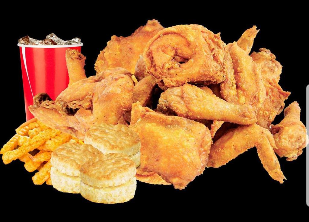 15 Piece Chicken Combo · Served with 4 biscuits, large french fries, & 4 cup soda.