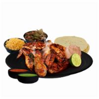 1-B Half Chicken Meal  · Served with tortillas, grilled onion, salsa (2) and lime. Choice of 2 sides (8 oz.) each.