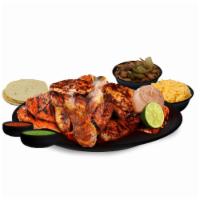 1-C Whole Chicken Meal · Served with tortillas, grilled onion, salsa (2) and lime. Choice of 2 sides (8 oz.) each.