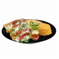 7. Flautas  · Includes lettuce, onions, tomatoes, queso fresco, avocado, and sour cream. Served with rice ...