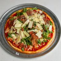 Prosciutto Arugula Pizza · Tomato sauce, mozzarella, arugula, prosciutto, parmigiano.