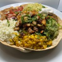 Pollo Asado Bowl · Romaine lettuce, pico de gallo, guacamole, queso fresco, corn, cilantro, jalapeno, tomates. ...
