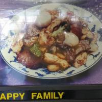 1. Happy Family  · Jumbo shrimp, chicken, beef, scallop, roast pork, lobster meat with assorted vegetables.