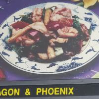 10. Dragon Meets Phoenix Spe · Chunks of shrimp, sliced white meat chicken, red and green pepper, baby corn and black mushr...