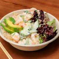 Shrimp Poke Bowl · Shrimp, green onions, mixed greens, avocado, cilantro, rice, cucumber, wasabi aioli, lemon z...