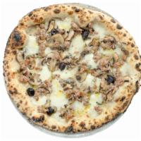 Cremini & Sausage  · Fior di latte mozzarella, sausage, garlic, thyme, pecorino and salt cured olives.