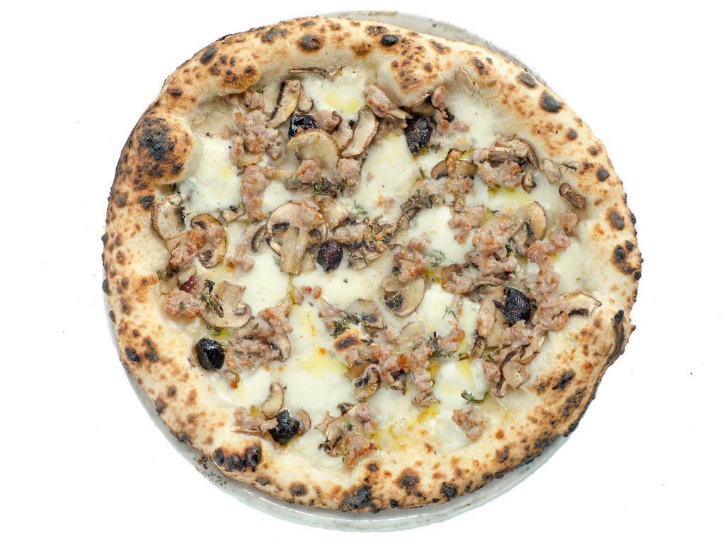 Cremini & Sausage  · Fior di latte mozzarella, sausage, garlic, thyme, pecorino and salt cured olives.