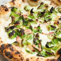 Brussels Sprout Pizza · Fior di latte mozzarella, garlic, pecorino, smoked pancetta and extra virgin olive oil, brus...