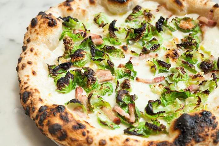 Brussels Sprout Pizza · Fior di latte mozzarella, garlic, pecorino, smoked pancetta and extra virgin olive oil, brussel sprouts