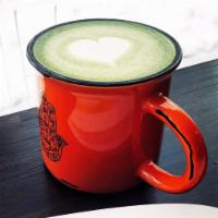 Hot Matcha Latte · Matcha green tea blended with steamed milk. Unsweetened.