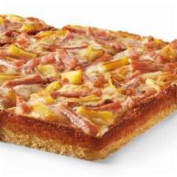 Hula Hawaiian Detroit Style Deep Dish Pizza · Large detroit-style deep dish pizza with ham or Canadian bacon and pineapple.