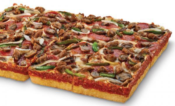Ultimate Supreme Detroit Style Deep Dish Pizza · Large detroit-style deep dish pizza with pepperoni, Italian sausage, onions, green peppers and mushrooms.