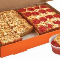 Hot-N-Ready Box Set · Italian Cheese bread, a 4-slice deep! deep! dish pizza with pepperoni and crazy sauce