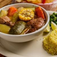 Caldo De Res (Med) · Beef soup with carrots, corn, potatoes. Served with rice,
onions and cilantro.