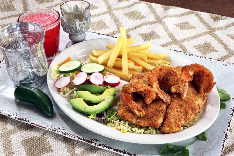TILAPIA-SHRIMP-PAPA · Lightly battered and fried tilapia fillet and (3)fried jumbo
shrimp, served with rice, salad and french fries.