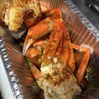 Lobster Boil Special (feeds 1-2) · 6 oz. lobster tail, 1/2 lb. shrimp, 1 clst snow crab, corn and potato.