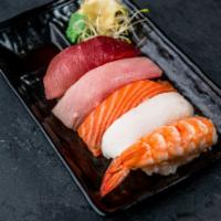 J10.Sushi 5 Pcs · Tuna, Sake, White Tune, Yellow Tail, Shrimp
