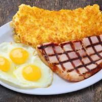 Ham & Eggs Plate · Three eggs prepared to your preference, breakfast ham steak, hash brown served with your cho...