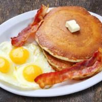 Pancake Combo Plate · Three eggs prepared to your preference. two pancakes, your choice of two sausages or bacons,...