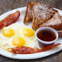 French Toast Combo Plate · Three eggs prepared to your preference. french toast, your choice of two sausages or bacons ...